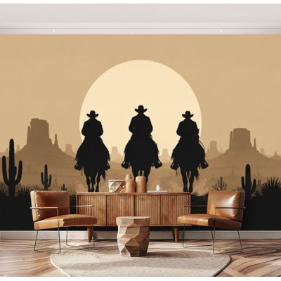 Wall Mural Peel and Stick Wallpaper Silhouette cowboys riding horses Self-Adhesive Removable Contact Paper Wall Decor for Living Room Bedroom 69"H x 96"W