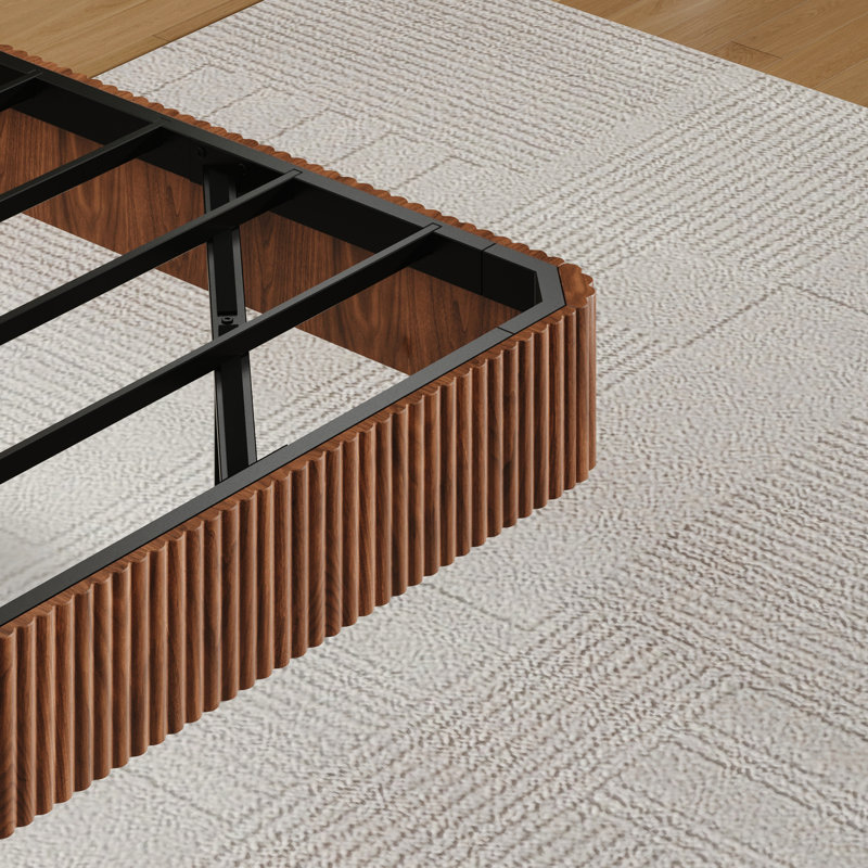 Floating Bed Frame Of King Dimensions With Walnut - Colored Finish And Led Lights For Decoration, Wave Formed Wood Texture, Metal Slats Support, No Box Spring Setup, Invisible Suspension Design