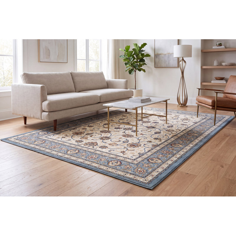 Tapis ivoire/bleu ciel floral Attell, Rectangle 9 pi 2 po x 12 pi 10 po