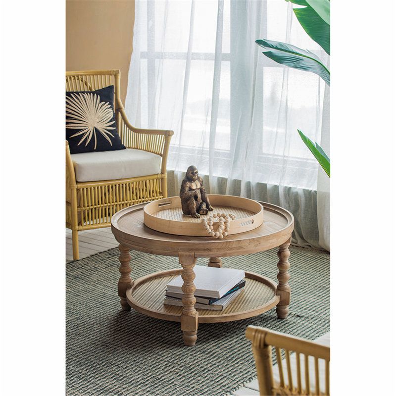 Stylish and Functional Wooden End Table with Open Cane Shelf for Versatile Use in Living Room or Bedroom
