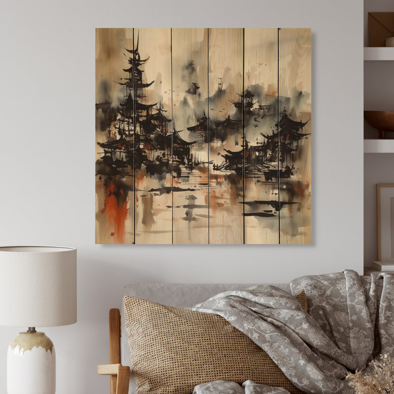 Village japonais flou - impression de paysage japonais sur bois de pin naturel, H 15 po x l 15 po x P 0,78 po