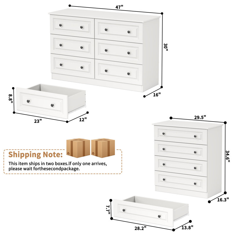 Ensemble de chambre à coucher 2 pièces: commode à 6 tiroirs et commode à 4 tiroirs (ensemble de 2), White