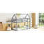 Lit superposé gris au-dessus en bois d'hévéa gris, avec caractéristique séduisante en forme de maison et lit robuste et garde-corps pour lit simple, stable
