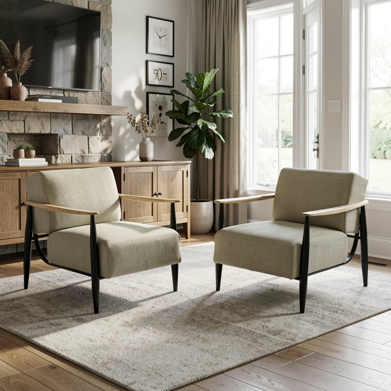 Set of 2 Mid-Century Beige Accent Chairs with Wood Arms & Black Metal Frame, Comfortable Spring Support, Natural