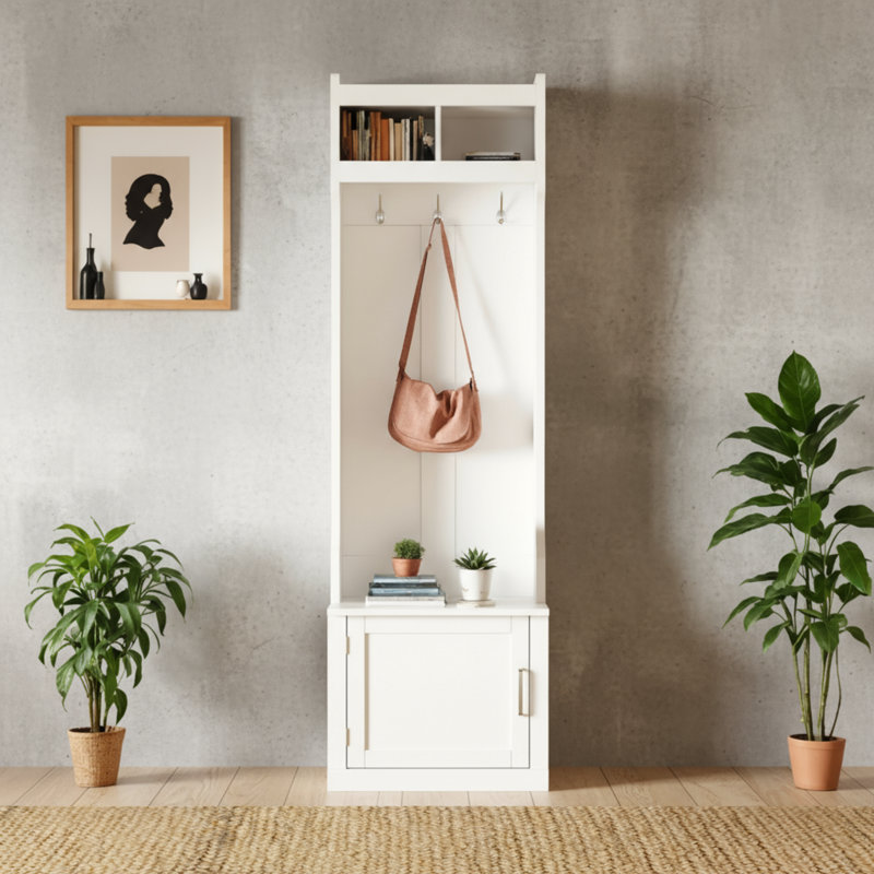 The White Minimalist And Slender Hall Tree Combines A Cabinet, 6 Hooks And A Coat Rack Storage Bench In One. It Is Elegantly Suitable For Corridors, Hallways And Living Rooms, And Is Exquisite And Practical.