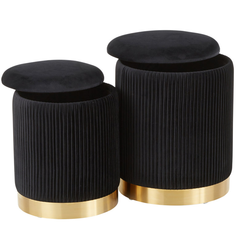Repose-pieds rond en velours Callum, Noir, noir, noir, noir