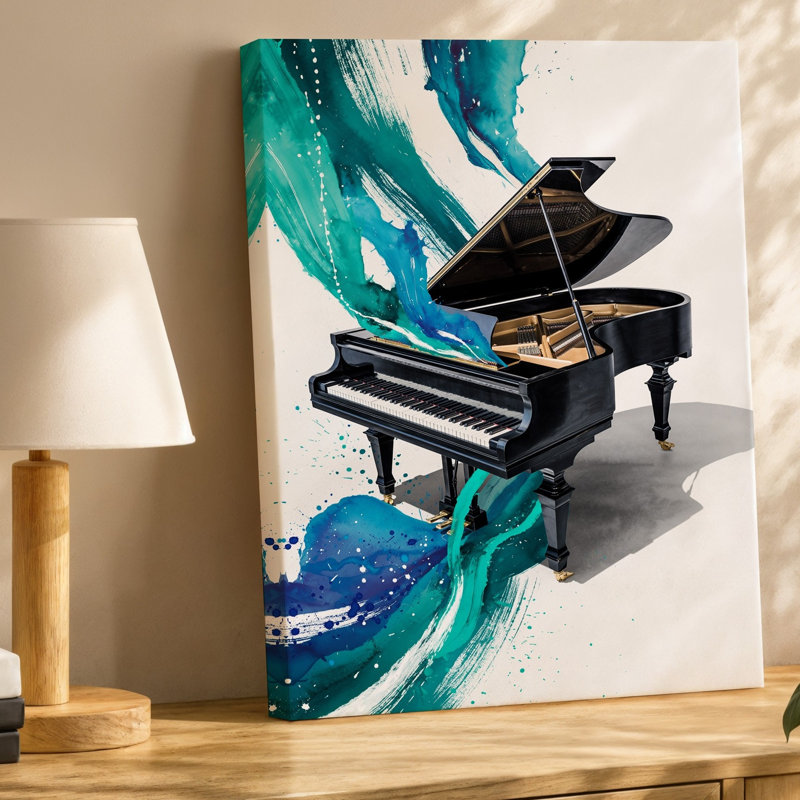 Toile, composition abstraite visuellement saisissante avec un piano à queue, art mural rendu dans de riches tons noirs, couvercle ouvert