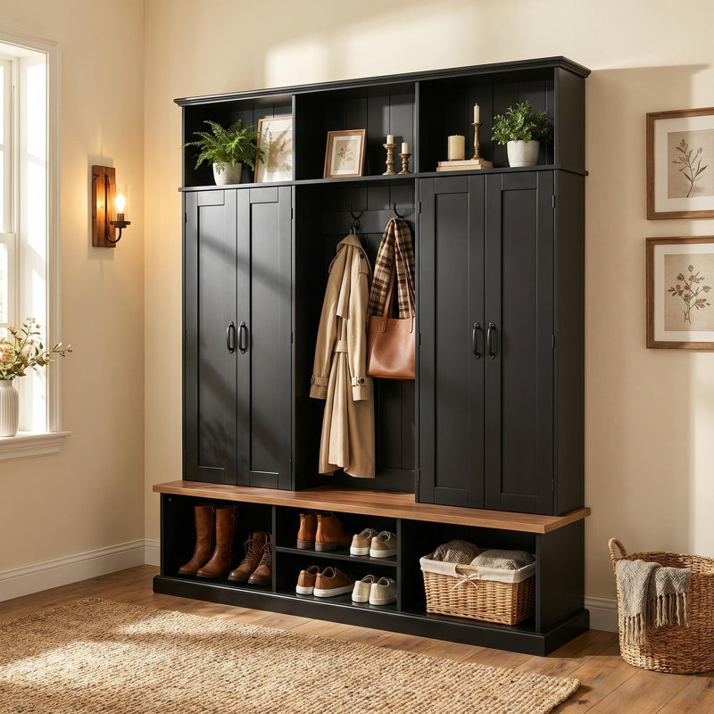 Modern Farmhouse 3-in-1 Entryway Hall Tree with Wood Top, Coat Hooks, Shoe Storage & Cabinets, Black