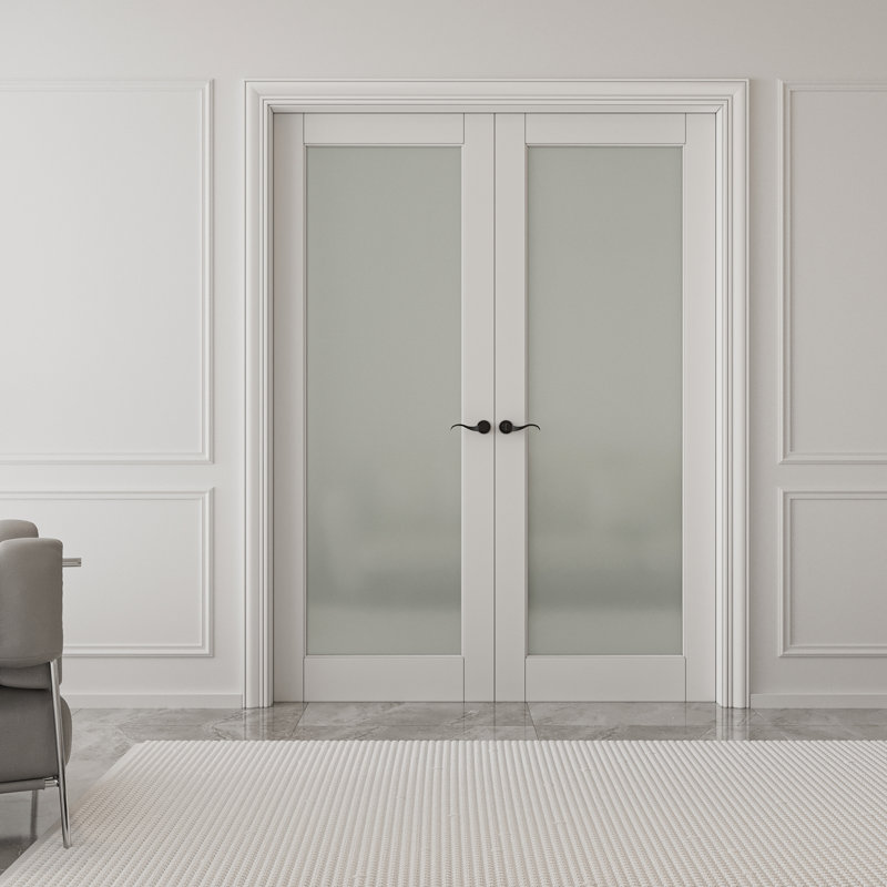Portes doubles intérieures en bois massif en verre givré 1-Lite, 48 po x 80 po, Quincaillerie noire