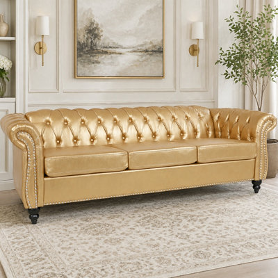 Canapé classique Chesterfield 3 places avec accoudoirs roulés et similicuir