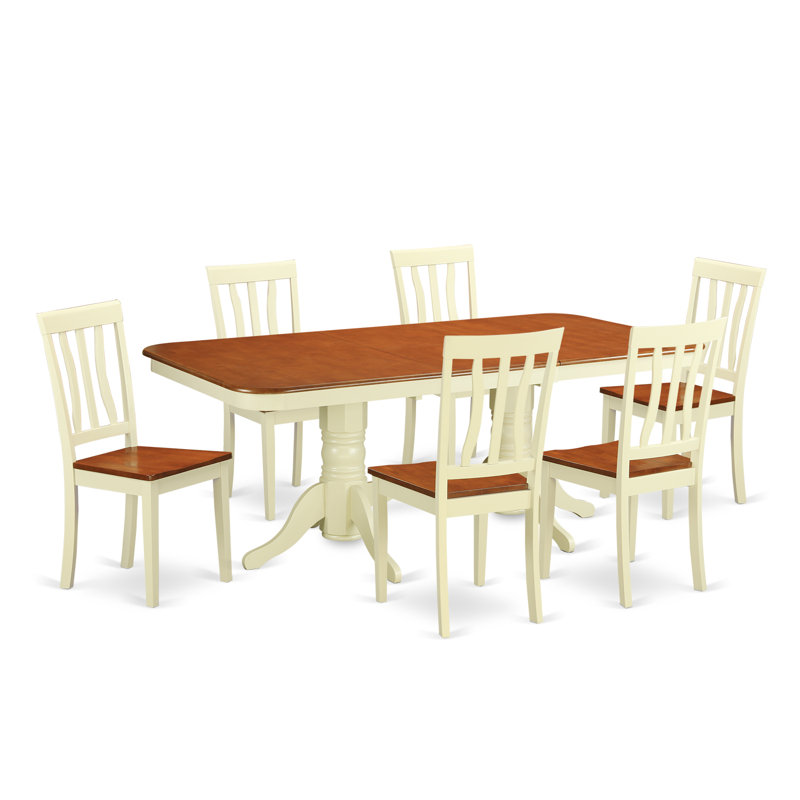 7 Piece Dining Table Set Consist of a Rectangle Dinner Table with Butterfly Leaf and 6 Dining Room Chairs, Buttermilk & Cherry