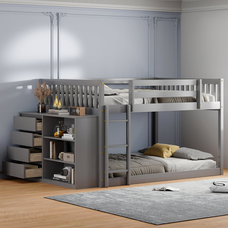 Lit superposé double avec 4 tiroirs et 3 tablettes - gris, Grey