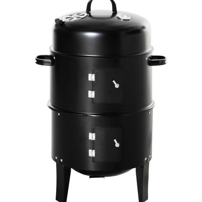 31 Charcoal Bbq Smoker Grill - 16" Round With 2 Cooking Areas And Thermometer For Outdoor Picnic, Camping, Backyard Grilling, Twinkling Black With Dual Zones, Heat-