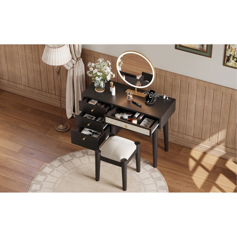 4 Drawers Wooden Makeup Vanity With Charging - Bohemian Style Classic And Elegant Storage Drawers, Function & Stool, Color