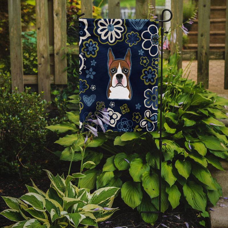 Terrier en fleurs à 2 côtés en polyester 15 x 11,5 po drapeau de jardin, Boxer (bleu)