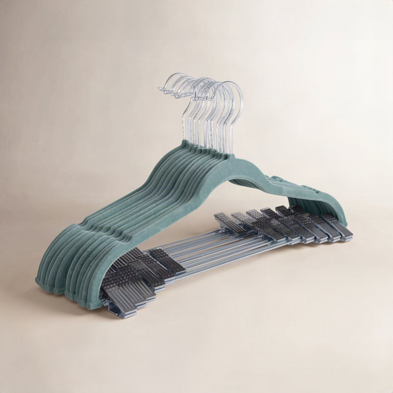  Paquet de 12 cintres en velours avec pinces en noir, Bleu cendré