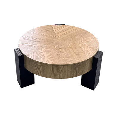 Round Wood Coffee Table with Hidden Storage, 33 Inch, Natural Wood and Matte Black, Modern Wabi-Sabi Parquet Top, Tri-Leg Base