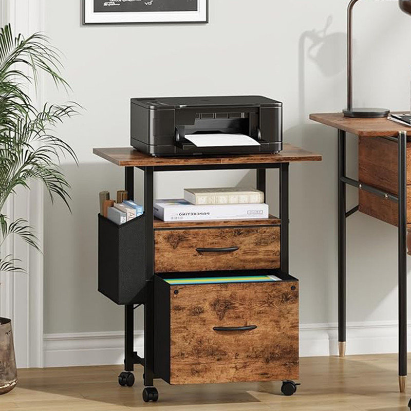 2 Drawer File Cabinet with 24'' Extended Desktop,  Rolling File Cabinet with Side Bag, Fabric Drawer, Light Brown