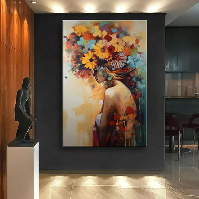 Woman In Flowers Wall Art, Floral Beautiful Female Wall Decor For Living Room Ready To Hang (Framed,20×30 Inch)