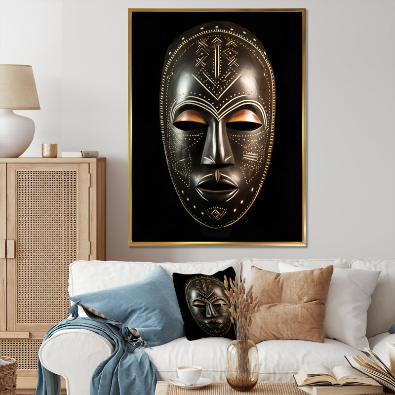 «Ethnical Traditional African Mask», reproduction d'art sur toile encadrée, 32" H x 16" W, Encadrement doré