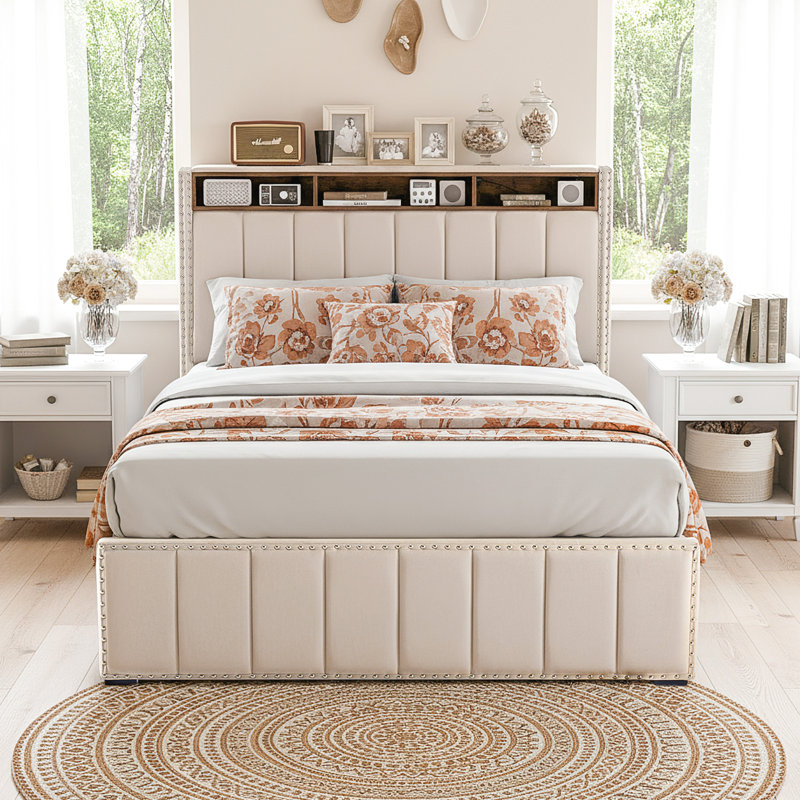 Upholstered Platform Bed Frame with Charging Station, 4 Drawers & LED Lights – Heavy Duty, No Box Spring Needed, Full