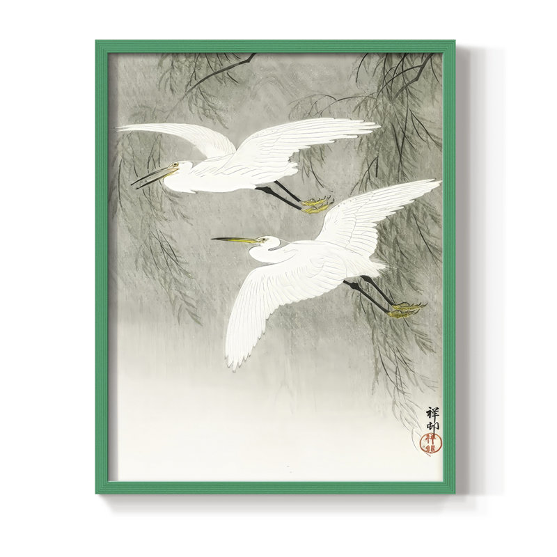 «Koson's Flying Herons I», reproduction encadrée - bois massif, H 30 po x l 24 po, Vert