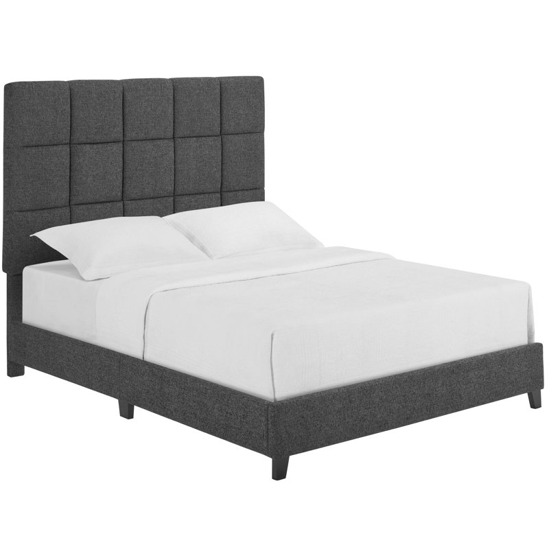 Transitional Grey Upholstered Bed Frame For Bedroom, Queen Size With Side Rails Contemporary Bedroom Bed, In Granite Dark
