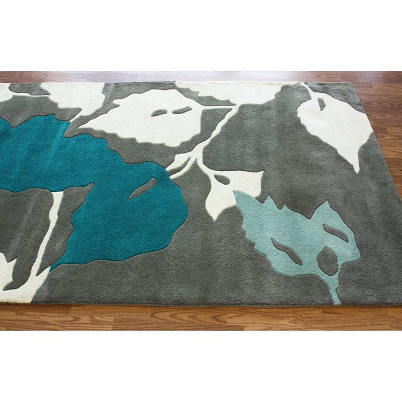 Tapis gris et bleu à feuilles Naugle, Rectangle 5' x 8'