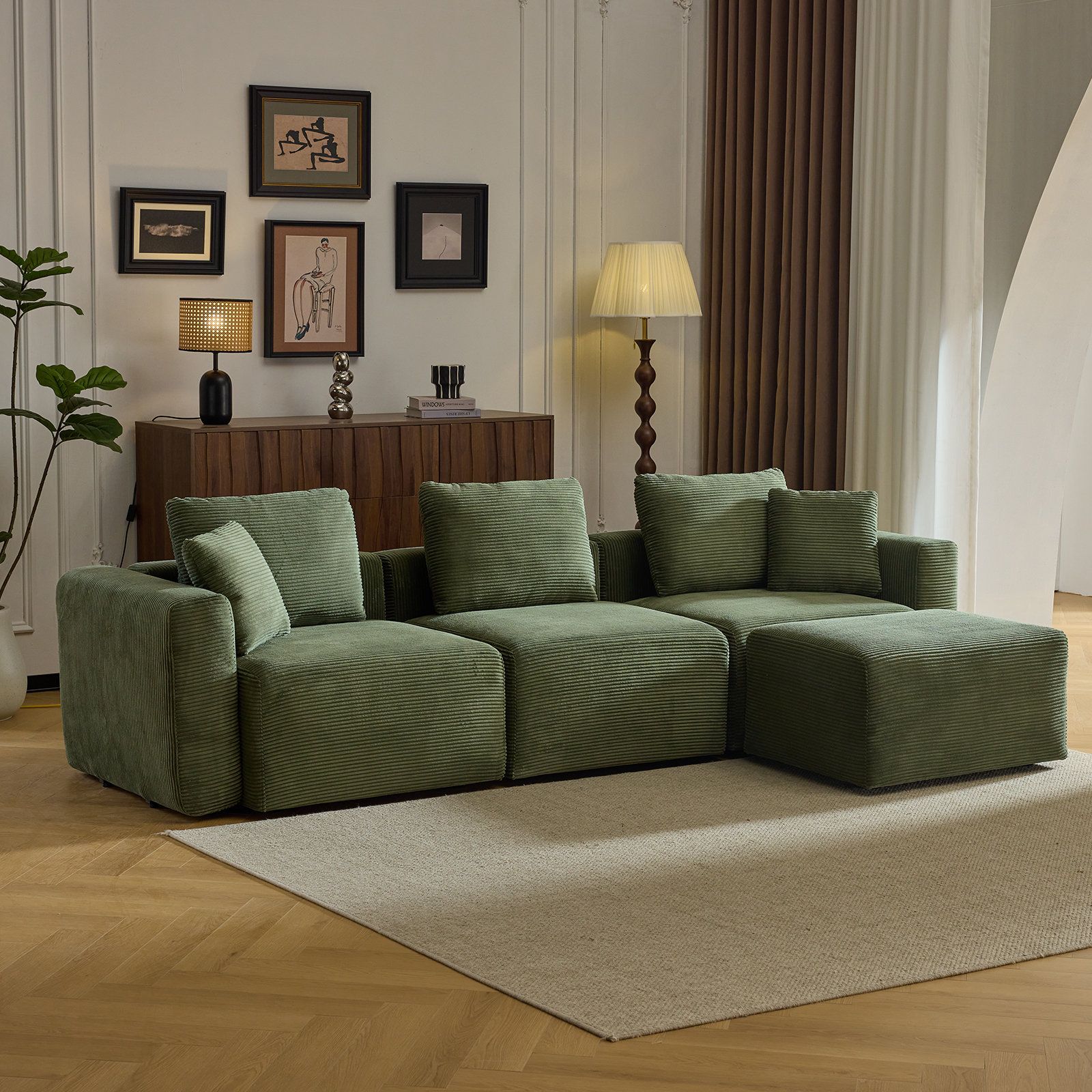 110''W Corduroy ModernCompressed Block Couch With Plush Cushions