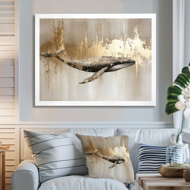 Aquarelle de baleines, Glam Horizon - baleine, art mural, H 12 po x l 20 po, Blanc