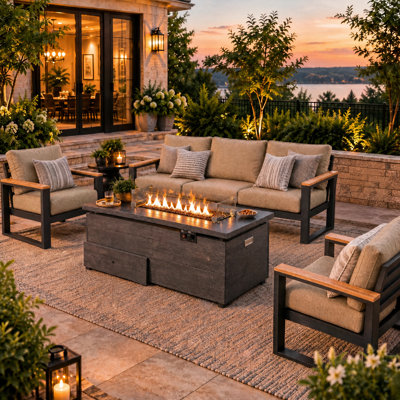 Ensemble de mobilier de patio en aluminium pour 5 personnes avec table de foyer de 50000 BTU, ensemble de conversation moderne avec coussins en oléfine de 6 po pour le balcon, le porche et la cour