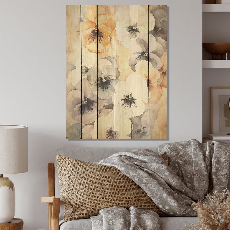 Vive Pansy Dreams Bouquet I - Pensées, art sur bois de pin naturel, H 32 po x l 24 po