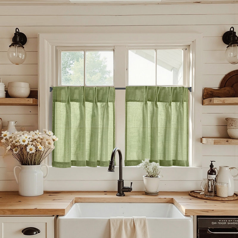 Linen Pinch Pleated Kitchen Curtains Tier Curtains Light Filtering Small Window Drapes for Kitchen, Beige, 26" W x 24" L