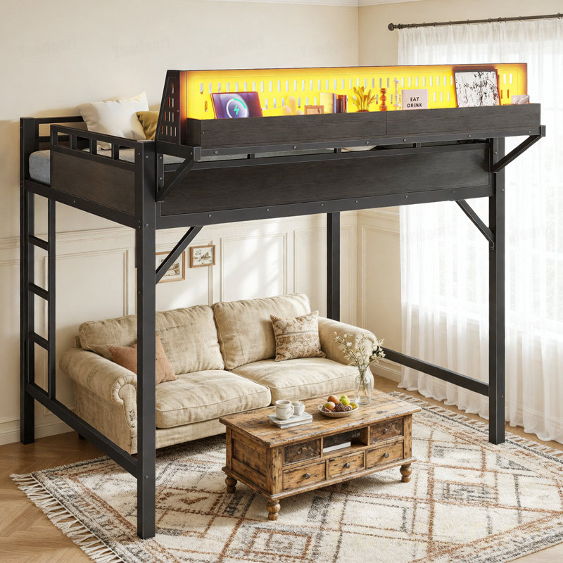 Structure de lit mezzanine pleine grandeur avec tablettes de rangement et panneau perforé, lit mezzanine en métal avec ports USB et lumières DEL, sécuritaire et robuste