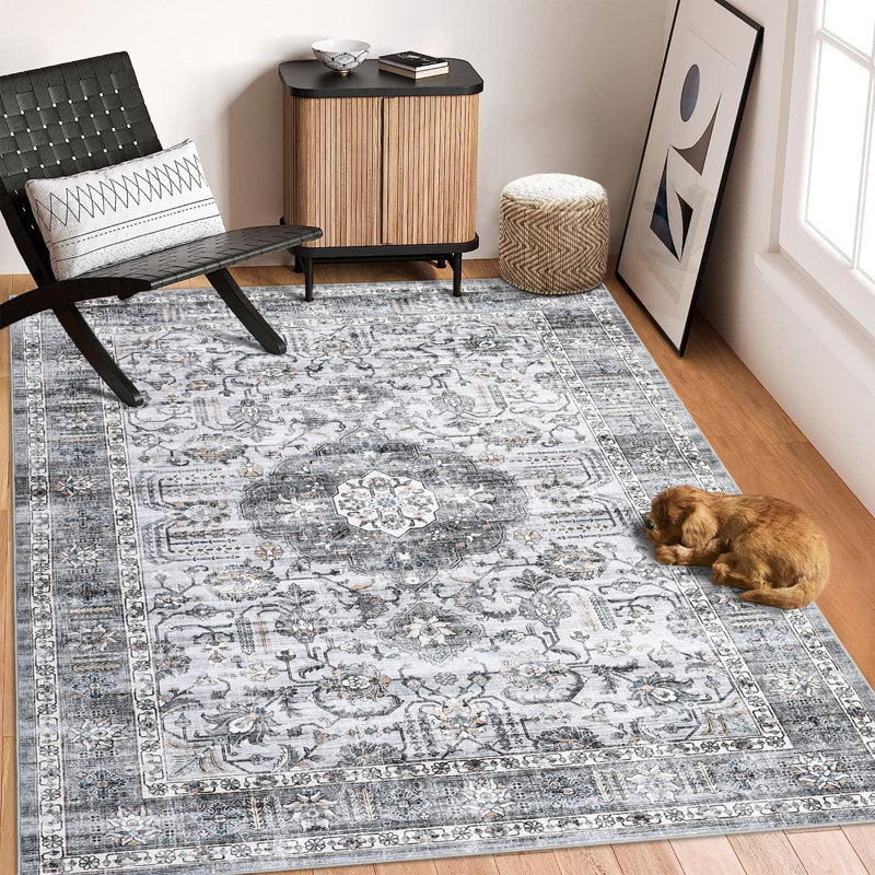 Large Dining Room Rugs 10x13 Medallion Accent Carpet with Non Slip Backing, Non Shedding Traditional Indoor Mats, Machine Washable Thin Floor Cover for Bedroom, Kitchen