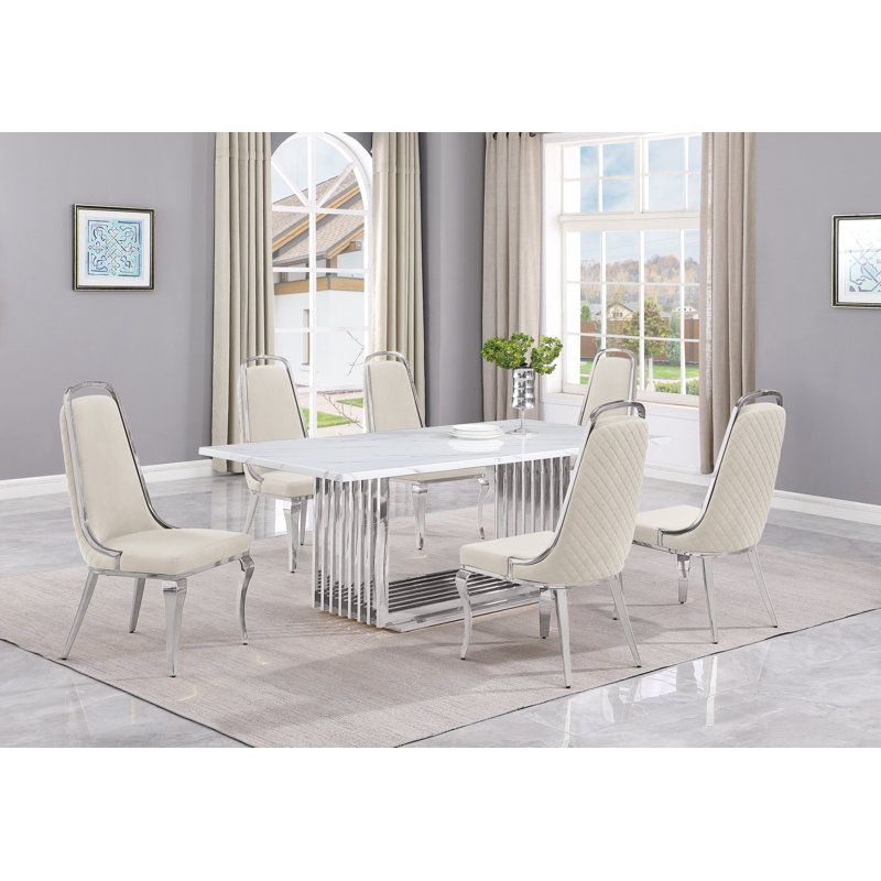 Ensemble de salle à manger rectangulaire L 79 po x l 40 po Kenne, Crème / argenté, 7, Argent