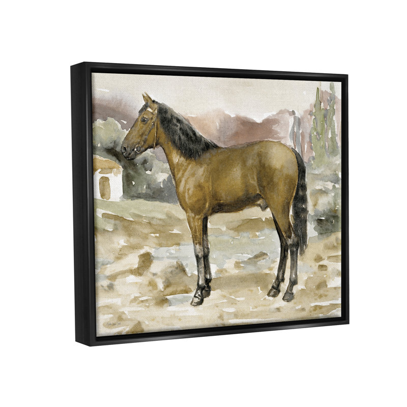 Scène de campagne champêtre brun - Peinture, H 17 po x l 21 po x P 1,7 po, Cadre flottant noir de jais