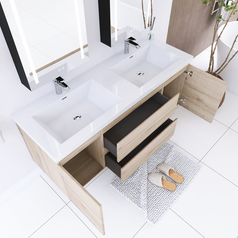 Meuble-lavabo mural double avec plateau en résine 59,05 po Reca, Brun