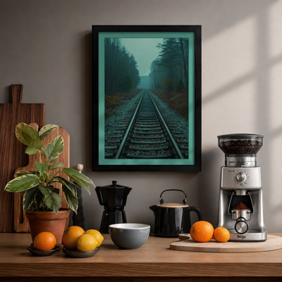 Rails Through Winter Forest Scandinavian - Framed Print