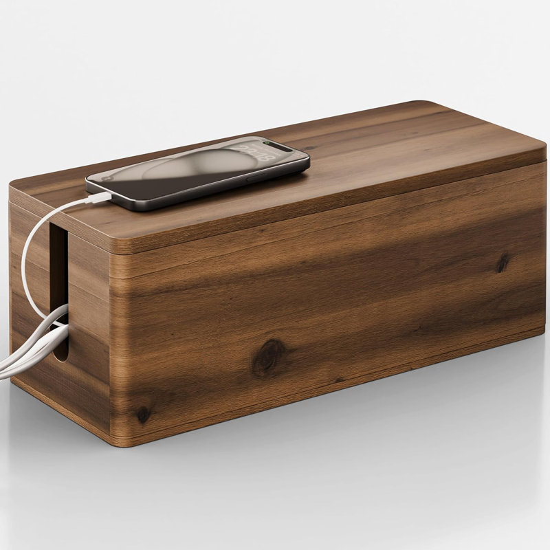 Acacia Wood Large Cable Management Box Round Edge, Dark Brown, 1
