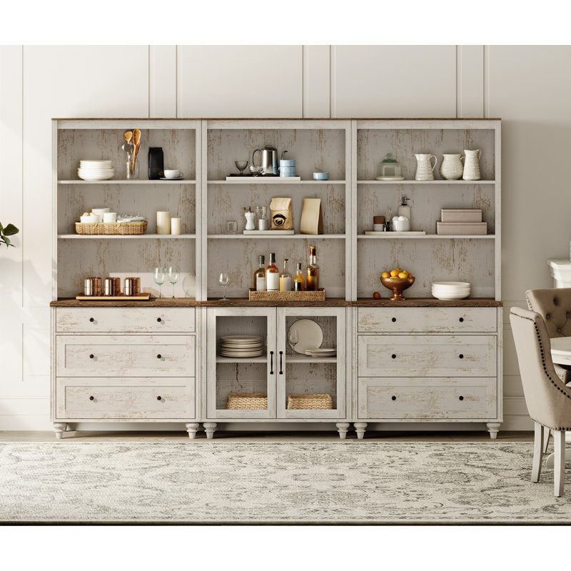 Dalontae Sideboard Cabinet With Bar Hutch, Buffet Cabinet With 2 Glass Doors, 6 Drawers And 3 Tier Shelves, 101''