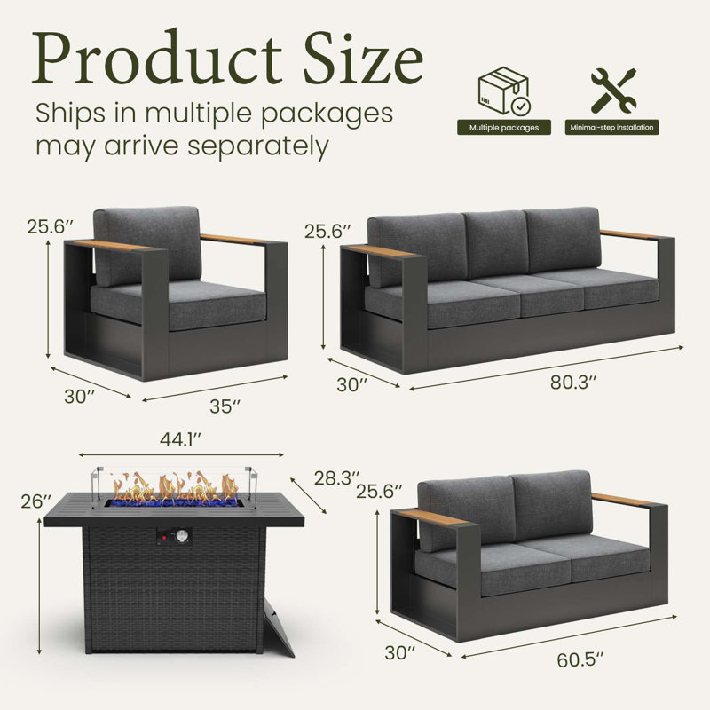 Outdoor Oversized Aluminum 5-piece Conversation Set With Firepit Table And 6-inch Cushion, Dark Gray
