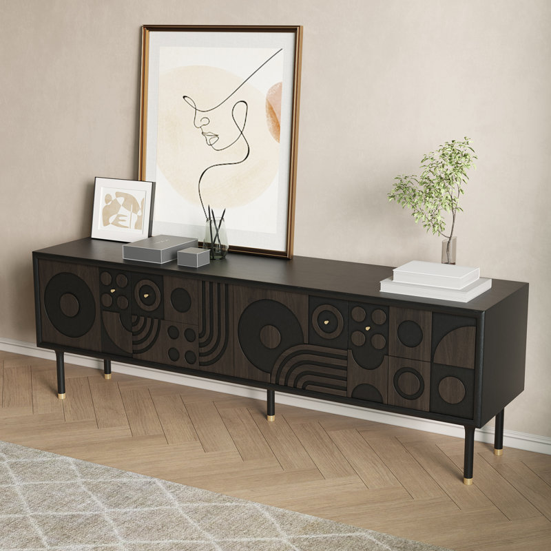 Meuble télé Mid-Century moderne, entièrement assemblé, H 22,83 po x L 70,86 po x l 16,93 po, Marron foncé