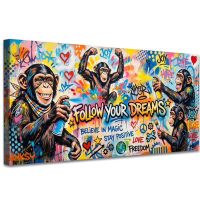 «Follow Your Dreams», art mural sur toile de singe graffiti, décoration murale de rue pop colorée avec citation inspirante, peinture pour chambre à coucher, bureau pour chambre d'enfants, toile tendue, 24 po x 48 po