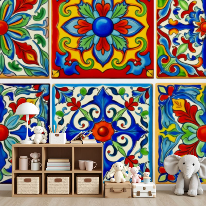 Papier peint auto-adhésif à carreaux de céramique talavera mexicain H 100 po x l 144 po Peel and Stick, 144" L x 100" W