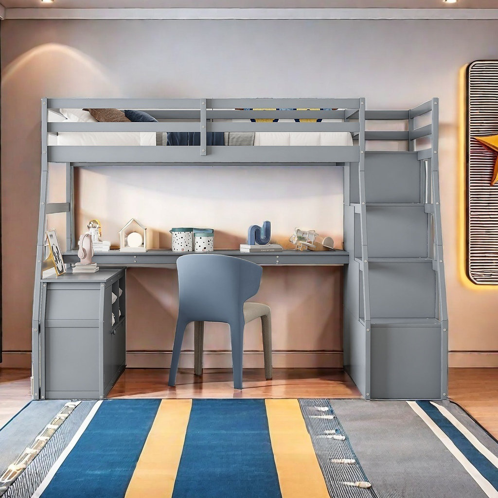 Harriet Bee Full Size Loft Bed With 7 Drawers 2 Shelves And Desk ...