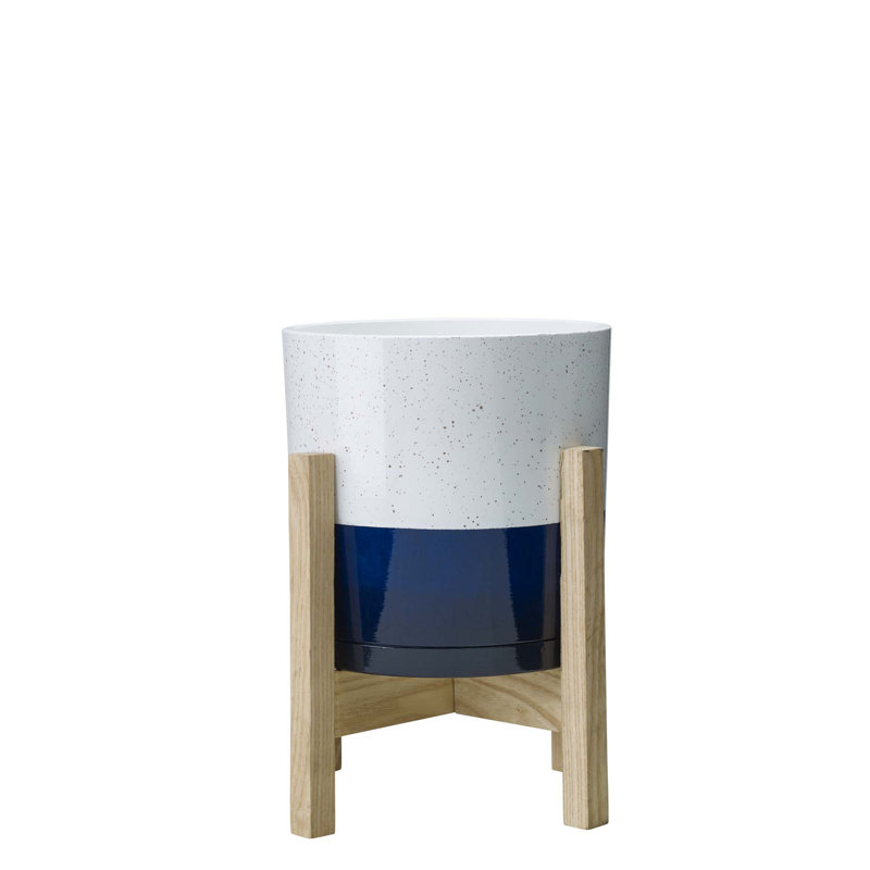 Small White and Blue Resin Indoor Planter with Wood Stand
