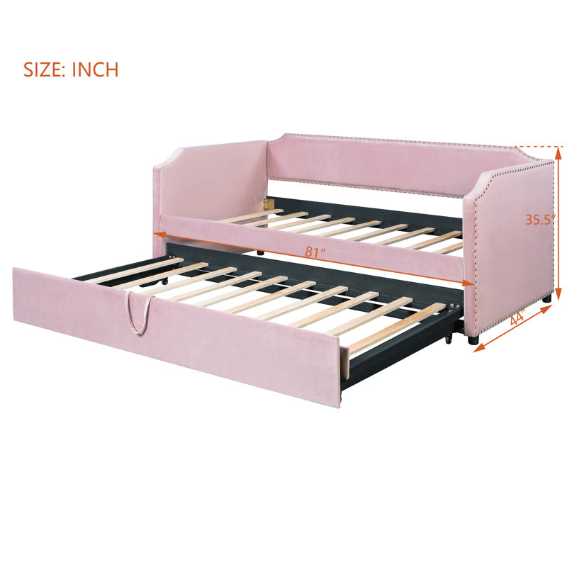 Twin Size Velvet Upholstered Daybed with Pop Up Trundle, Pink, Pink