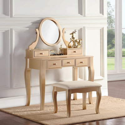 Wood Make-Up Vanity Table And Stool Set, Ashley Wood Makeup Vanity Table And Stool Set, Gold
