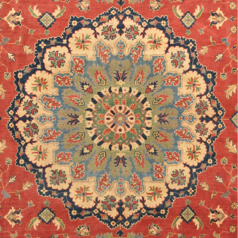 Tapis unique en laine noué à la main de style Kazak rouge / ivoire / beige 8 pi x 10 pi 3 po Jevon
